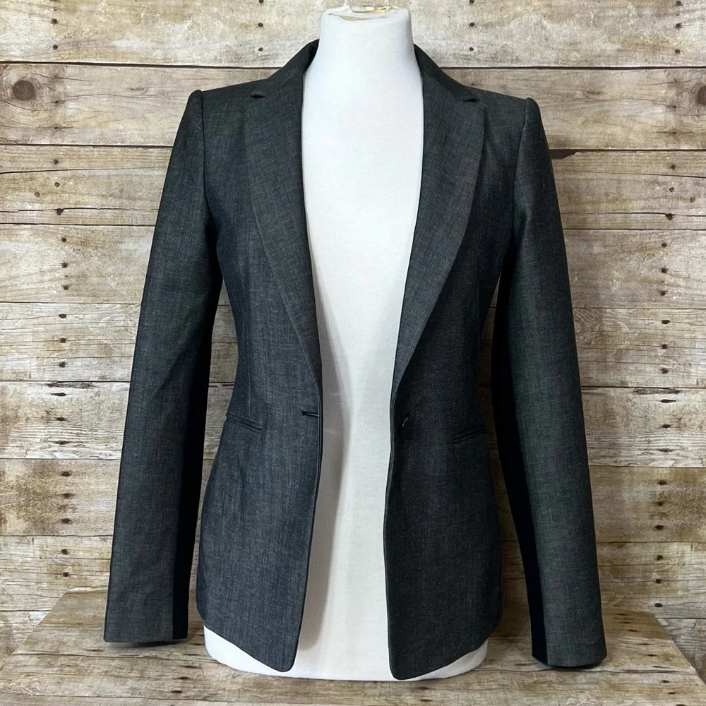 BCBGMAXAZRIA Womens Charcoal Gray Contrast Sleeve‎ Single Button Blazer Jacket